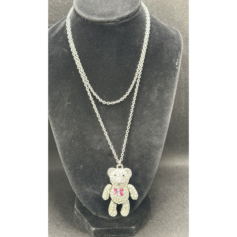 Articulated Rhinestone Bear Pendant Necklace Shiny Silvertone 30" Fashion